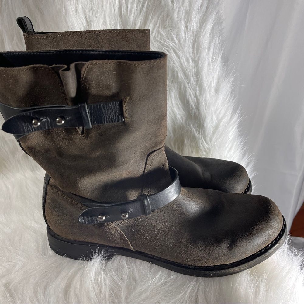 rag & bone Chocolate Brown Calfskin Suede/Black Leather Moto Boots US 11